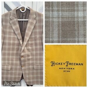Hickey Freeman New York Mens 42R Tan Blue Plaid 100% Wool Made in USA Sport Coat
